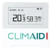 CLIMAID-indeklimasensor med display, der viser temperatur og luftfugtighed