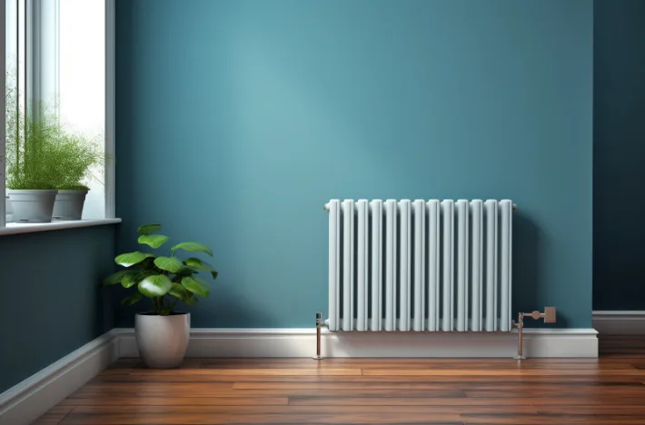 Hvid radiator på en blå væg ved siden af et vindue med planter